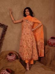 Peach & Orange Floral Jaal Hand Block Print Cotton Anarkali Set