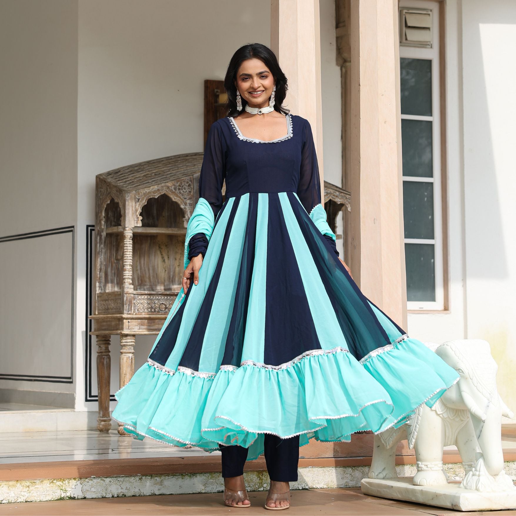 blue and red combination dress Exclusive blue & red combination dress with Ajrakh printed yoke Sujatra