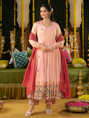 Peach Tissue Heavy Embroidered Anarkali Suit Set