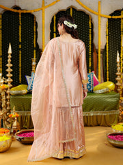 Golden Peach Satin Gota Work Sharara Suit Set with Dupatta