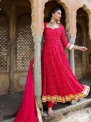Red Mirror Work Embroidered Anarkali Suit Set