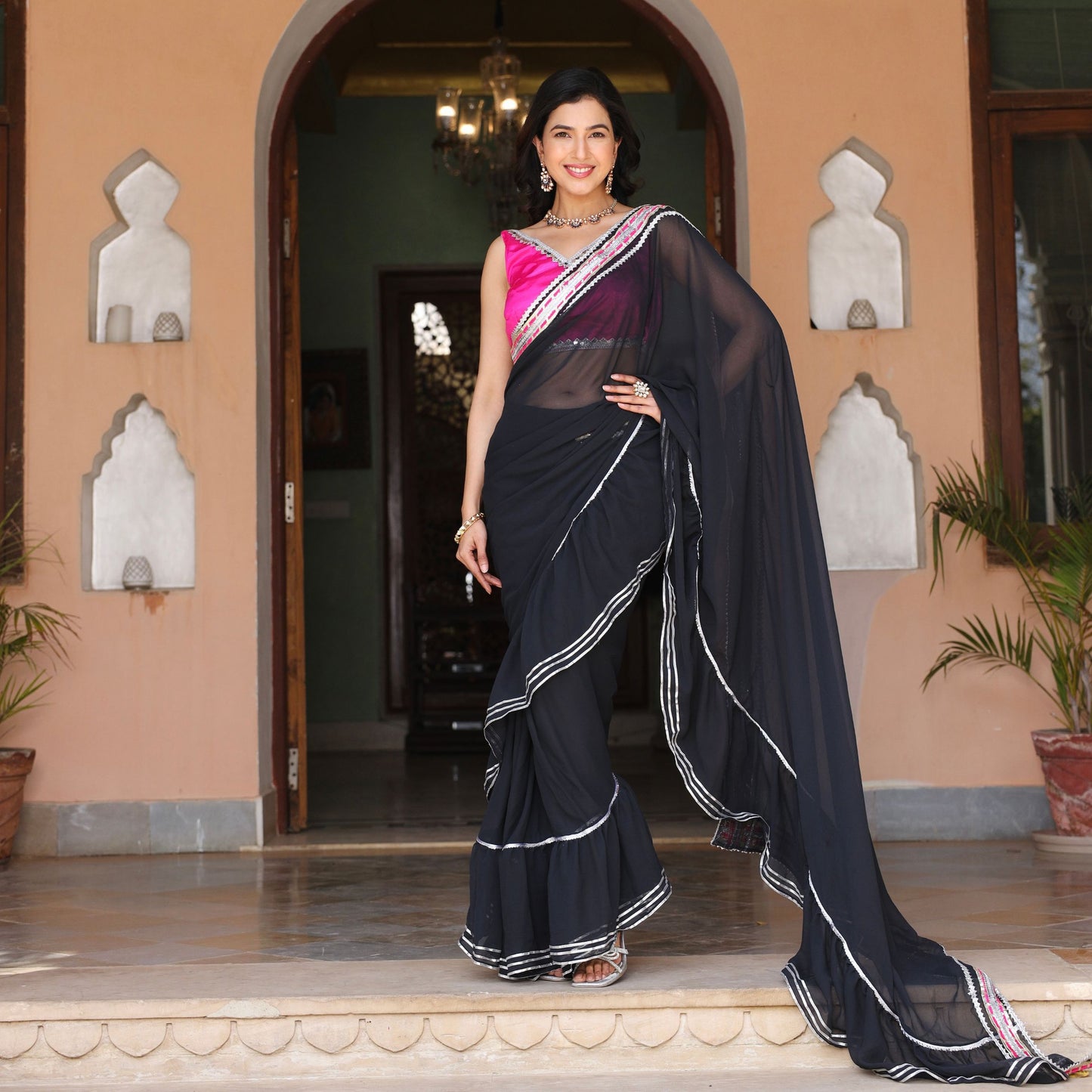 Asheera Black Georgette Gota Work Pre Drape 1 min ruffle Saree