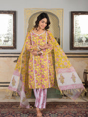 Asheera Yellow Floral Handblock Suit Set