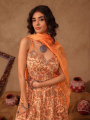Peach & Orange Floral Jaal Hand Block Print Cotton Anarkali Set