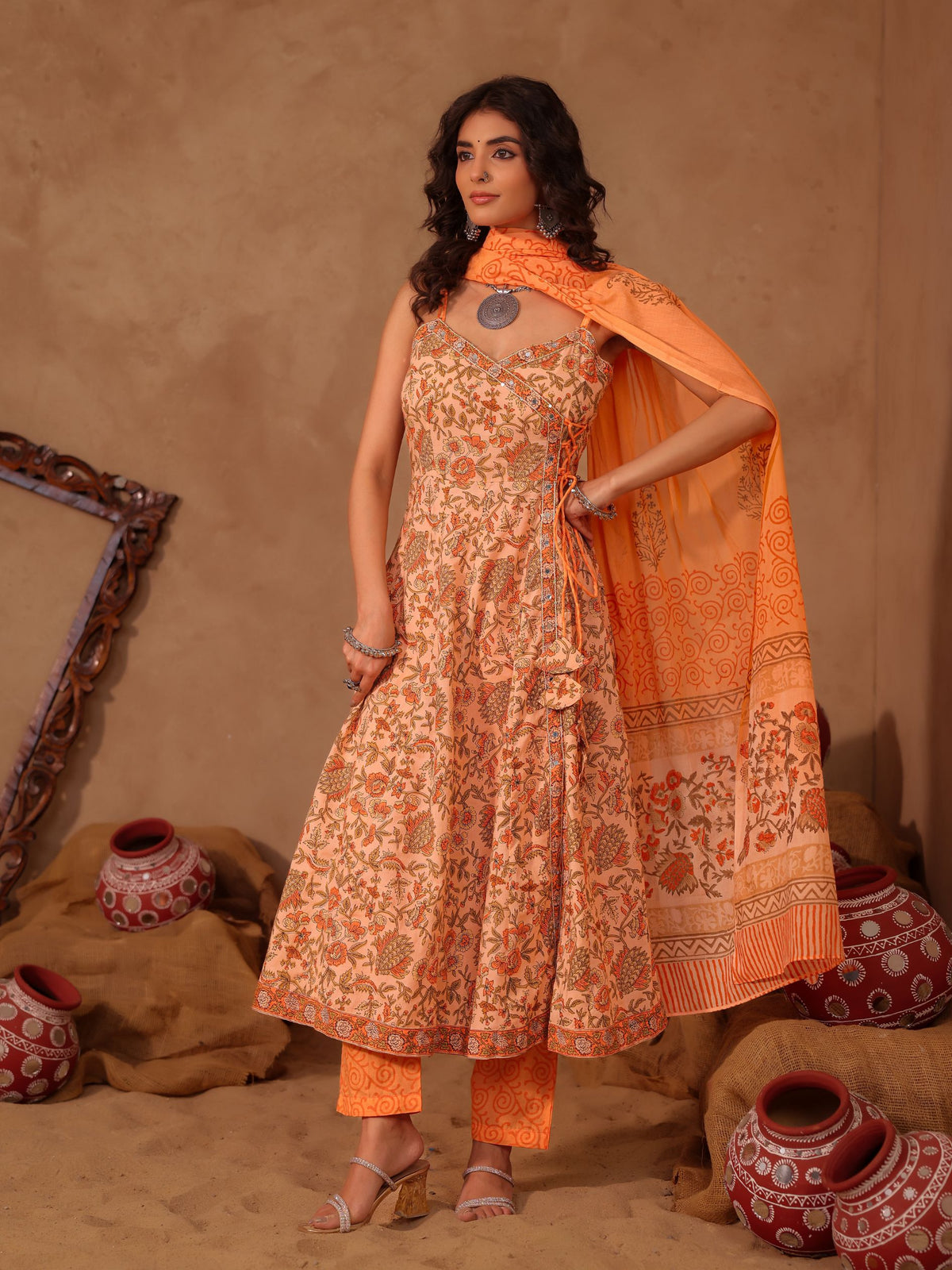 Peach & Orange Floral Jaal Hand Block Print Cotton Anarkali Set