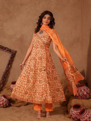 Peach & Orange Floral Jaal Hand Block Print Cotton Anarkali Set