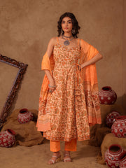 Peach & Orange Floral Jaal Hand Block Print Cotton Anarkali Set