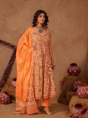 Peach & Orange Floral Jaal Hand Block Print Cotton Anarkali Set
