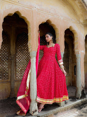 Red Mirror Work Embroidered Anarkali Suit Set