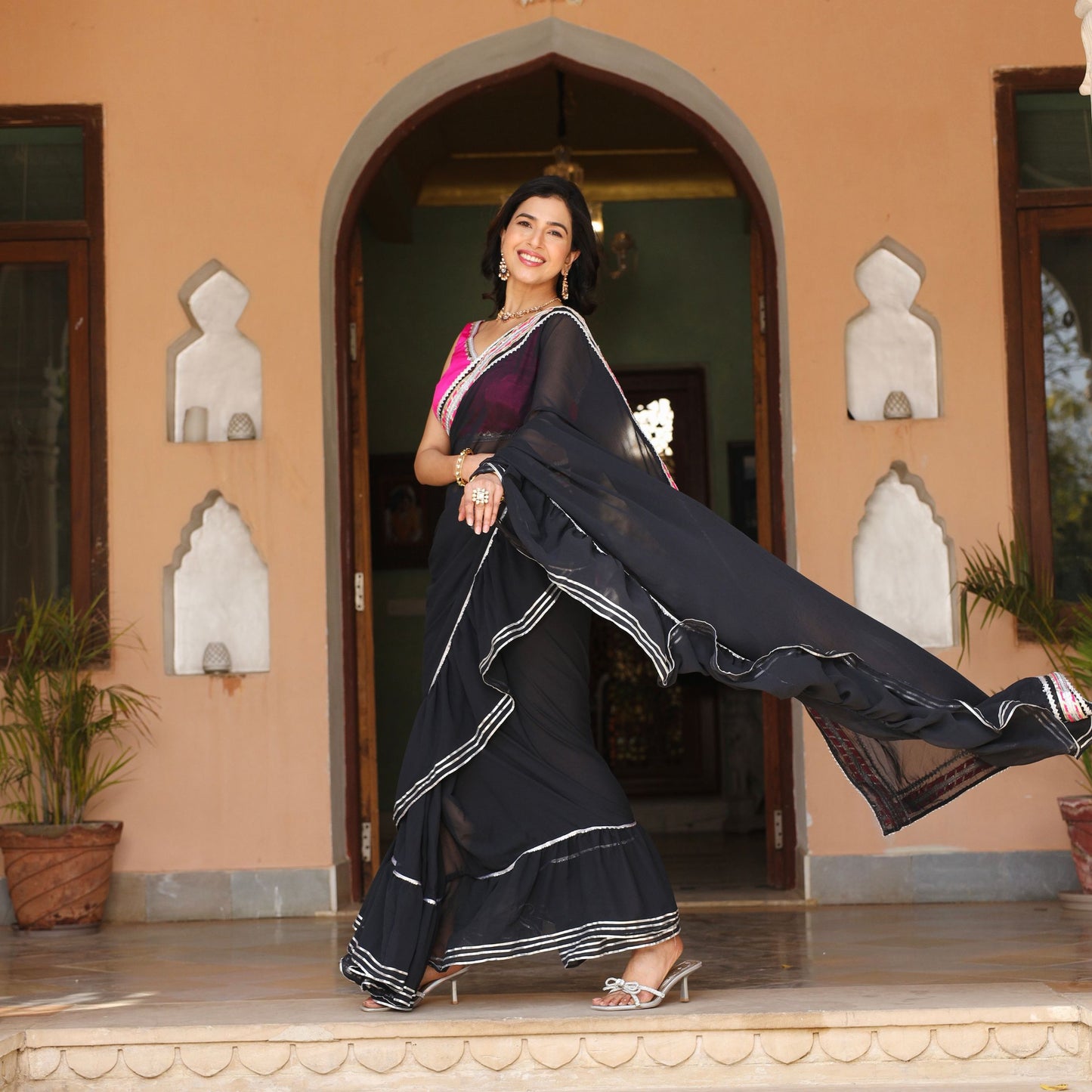 Asheera Black Georgette Gota Work Pre Drape 1 min ruffle Saree