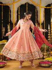 Peach Tissue Heavy Embroidered Anarkali Suit Set