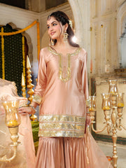 Golden Peach Satin Gota Work Sharara Suit Set with Dupatta