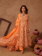 Peach & Orange Floral Jaal Hand Block Print Cotton Anarkali Set