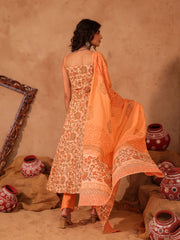Peach & Orange Floral Jaal Hand Block Print Cotton Anarkali Set