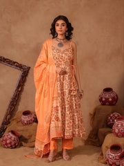 Peach & Orange Floral Jaal Hand Block Print Cotton Anarkali Set