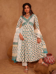 Aastha Floral Boota Hand Block Print Cotton Anarkali Set