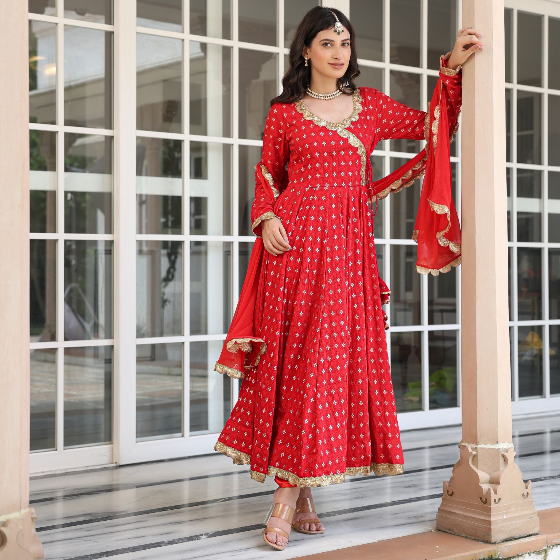 Karwachauth Red Jacquard Anarkali Suit Set