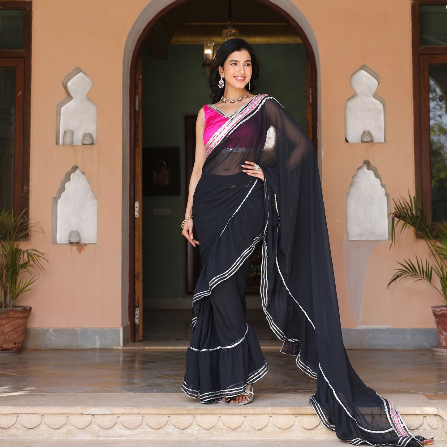 Asheera Black Georgette Gota Work Pre Drape 1 min ruffle Saree