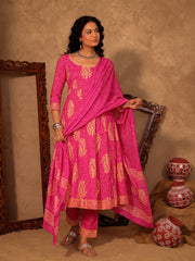 Pink Paisley Hand Block Print Cotton A-Line Kurta
