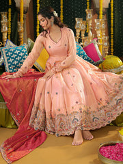 Peach Tissue Heavy Embroidered Anarkali Suit Set