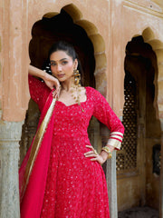 Red Mirror Work Embroidered Anarkali Suit Set