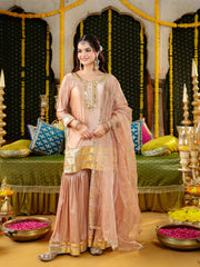 Golden Peach Satin Gota Work Sharara Suit Set with Dupatta