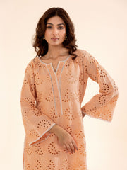 Peach Hakoba Kurta Set with Cutwork Embroidery