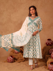 Aastha Floral Boota Hand Block Print Cotton Anarkali Set