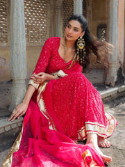 Red Mirror Work Embroidered Anarkali Suit Set