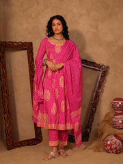 Pink Paisley Hand Block Print Cotton A-Line Kurta