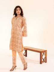 Peach Hakoba Kurta Set with Cutwork Embroidery