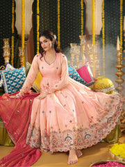 Peach Tissue Heavy Embroidered Anarkali Suit Set