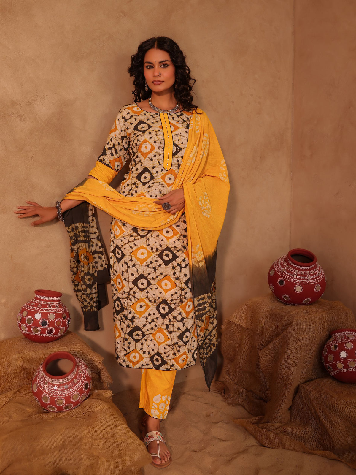 Ivory & Mustard Batik Hand Block Print Cotton Kurta Set