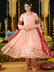 Peach Tissue Heavy Embroidered Anarkali Suit Set