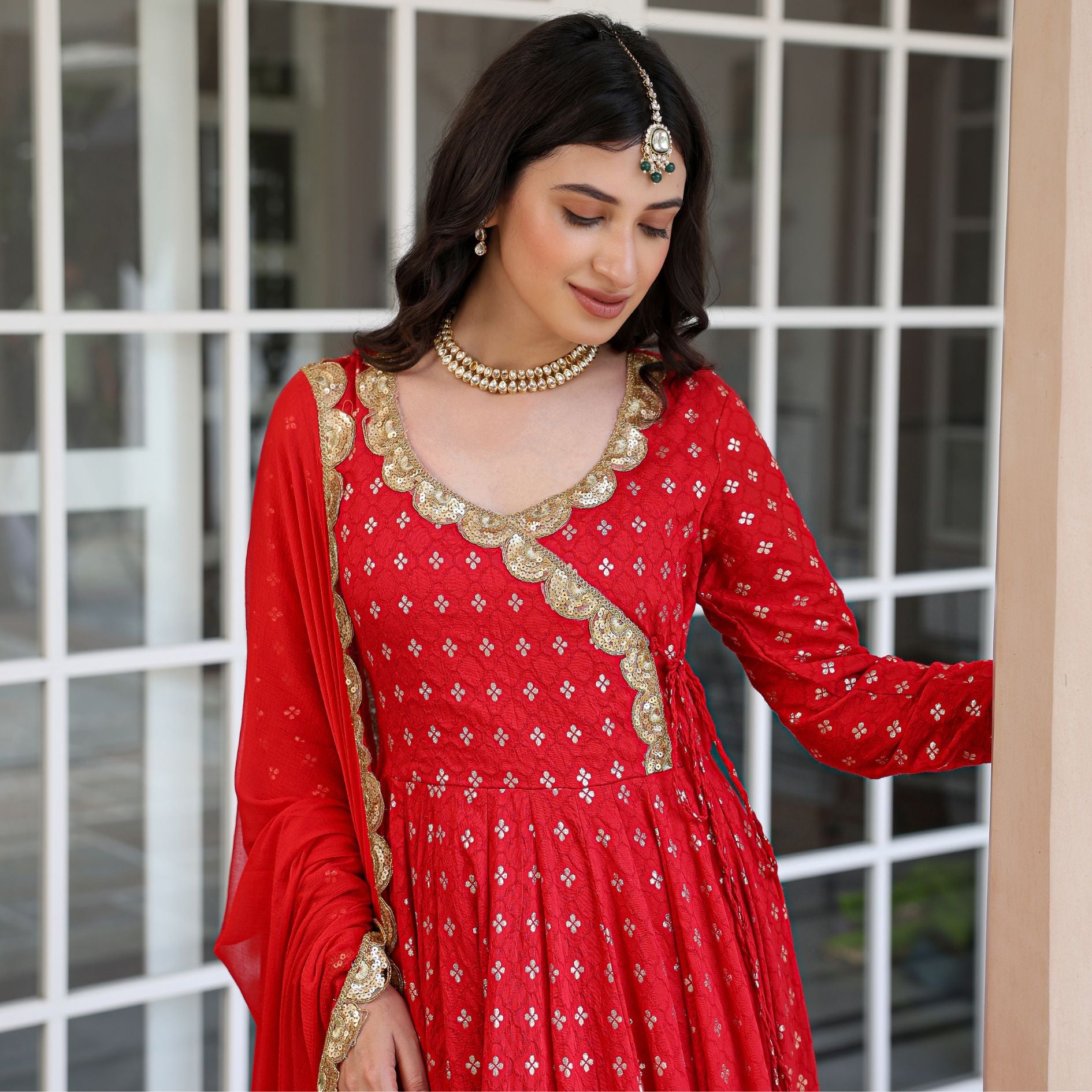 Karwachauth Red Jacquard Anarkali Suit Set