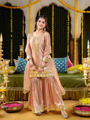 Golden Peach Satin Gota Work Sharara Suit Set with Dupatta