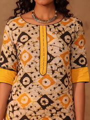 Ivory & Mustard Batik Hand Block Print Cotton Kurta Set