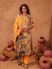 Ivory & Mustard Batik Hand Block Print Cotton Kurta Set