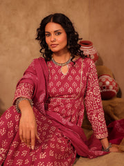 Wine & White Boota Hand Block Print Cotton Anarkali Set
