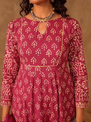 Wine & White Boota Hand Block Print Cotton Anarkali Set