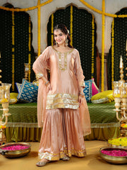 Golden Peach Satin Gota Work Sharara Suit Set with Dupatta
