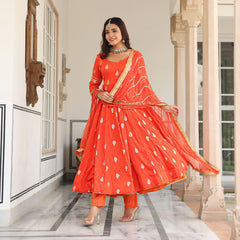 Orange Chanderi Jacquard Anarkali Suit Set