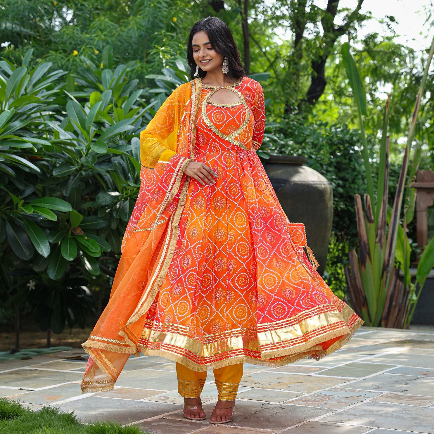 Prisha Orange Ombre Bandhani Anrkali Suit Set