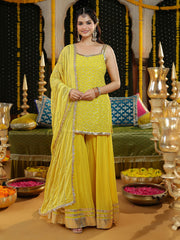 Yellow Georgette Embroidered Sharara Suit Set