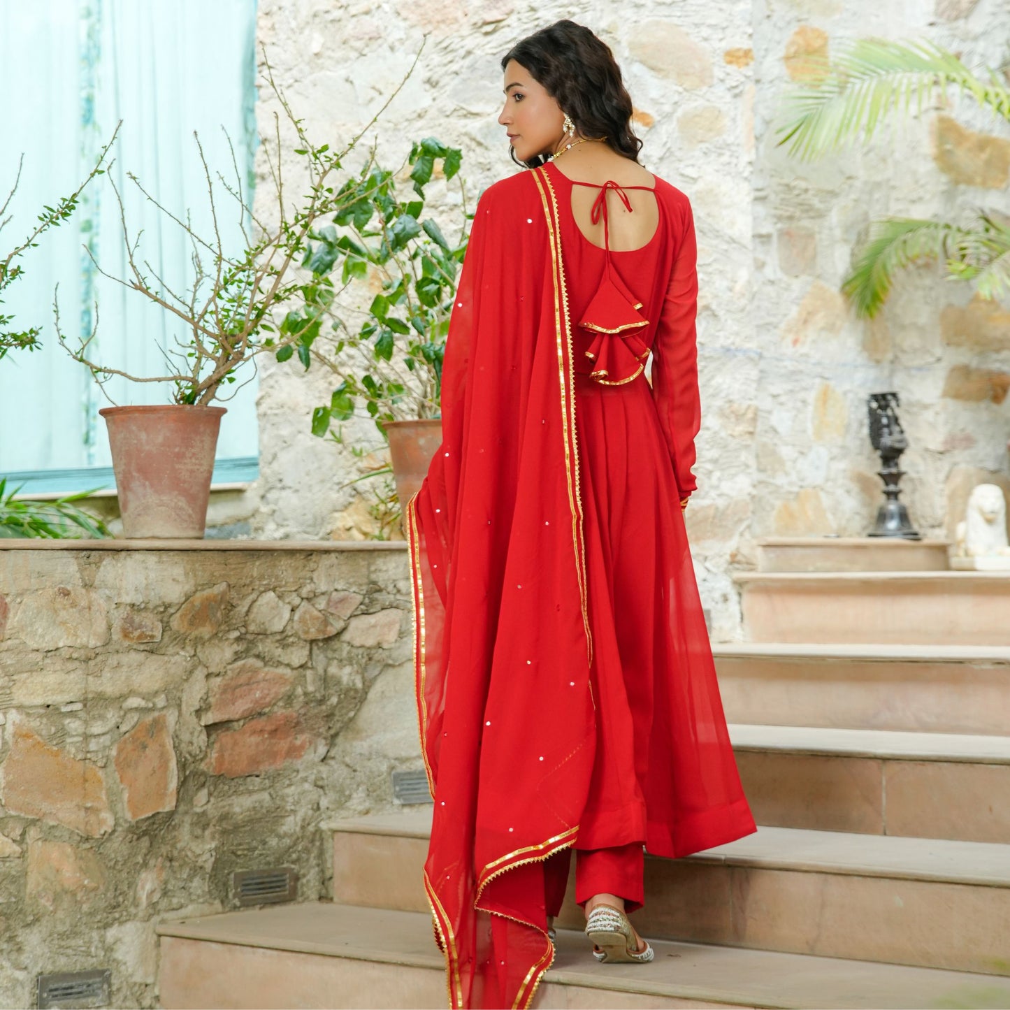 Laal Mirror Work Anarkali Suit Set