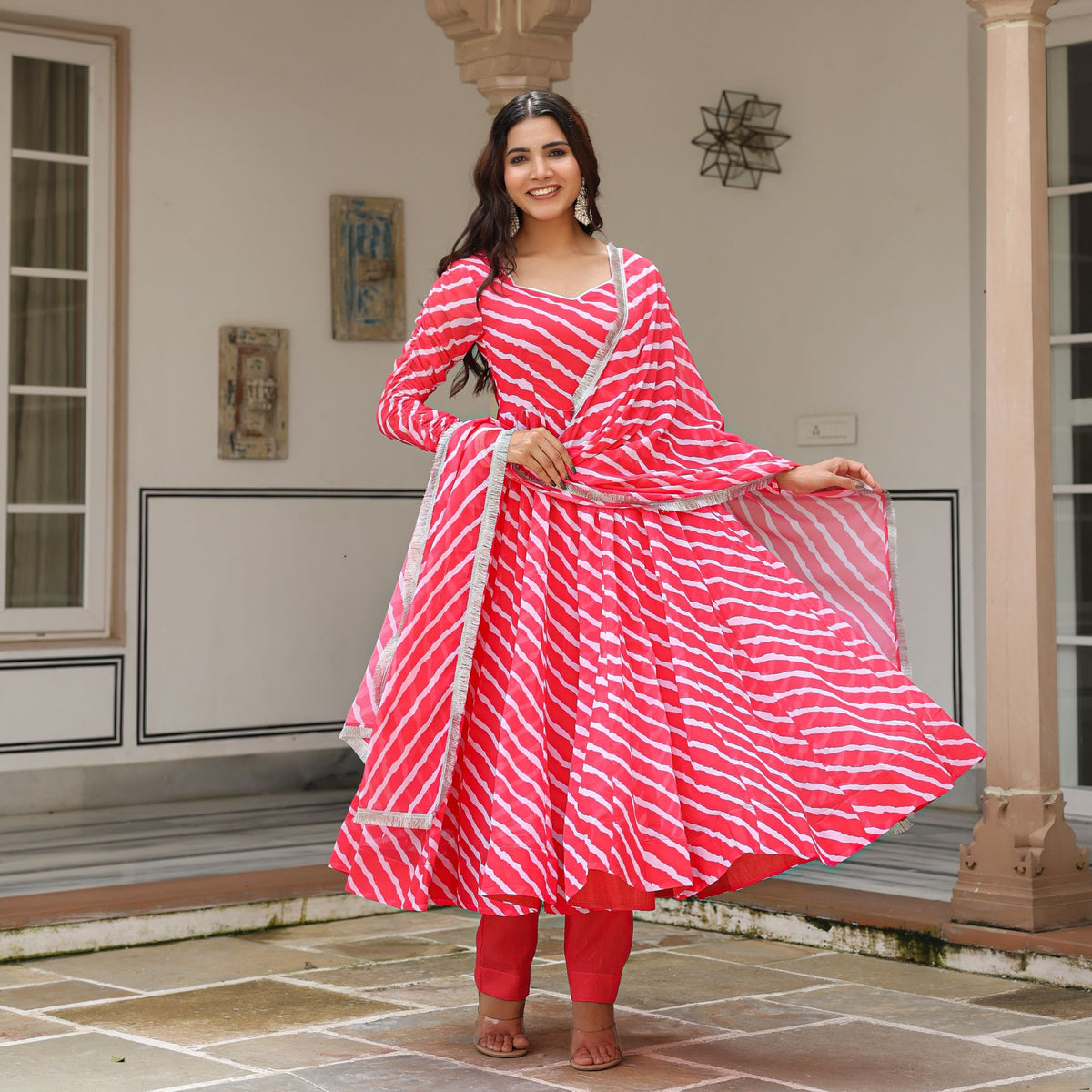 Pink Lehriya Anarkali Suit Set