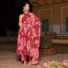 Red Floral Printed Georgette Anarkali suit set