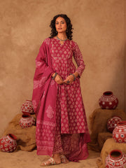 Wine & White Boota Hand Block Print Cotton Anarkali Set