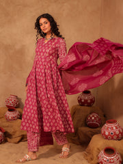 Wine & White Boota Hand Block Print Cotton Anarkali Set