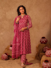 Wine & White Boota Hand Block Print Cotton Anarkali Set
